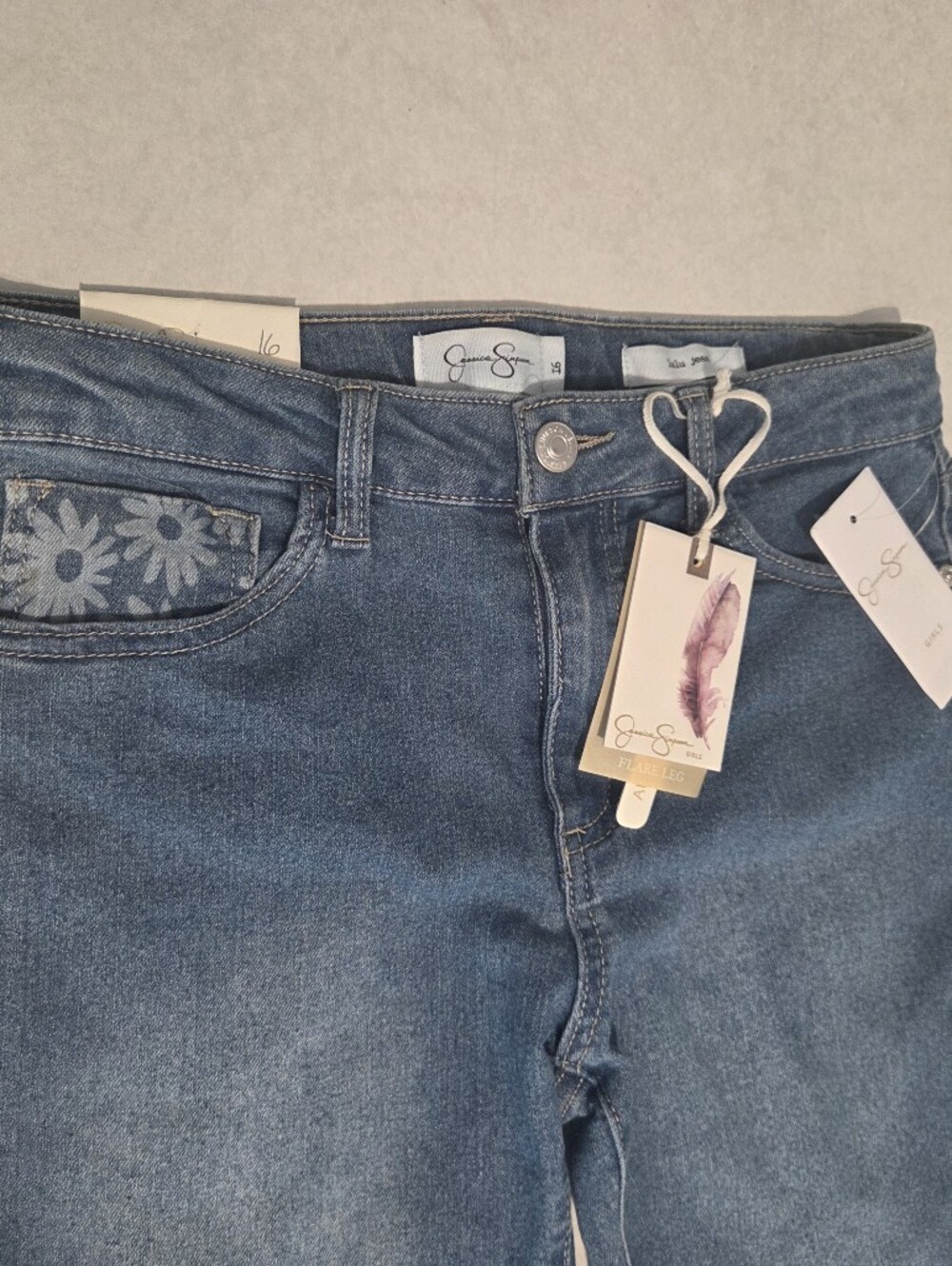 Jessica Simpson Lulu Blue Denim Flare Jeans with Floral Inset - Picture 7 of 8